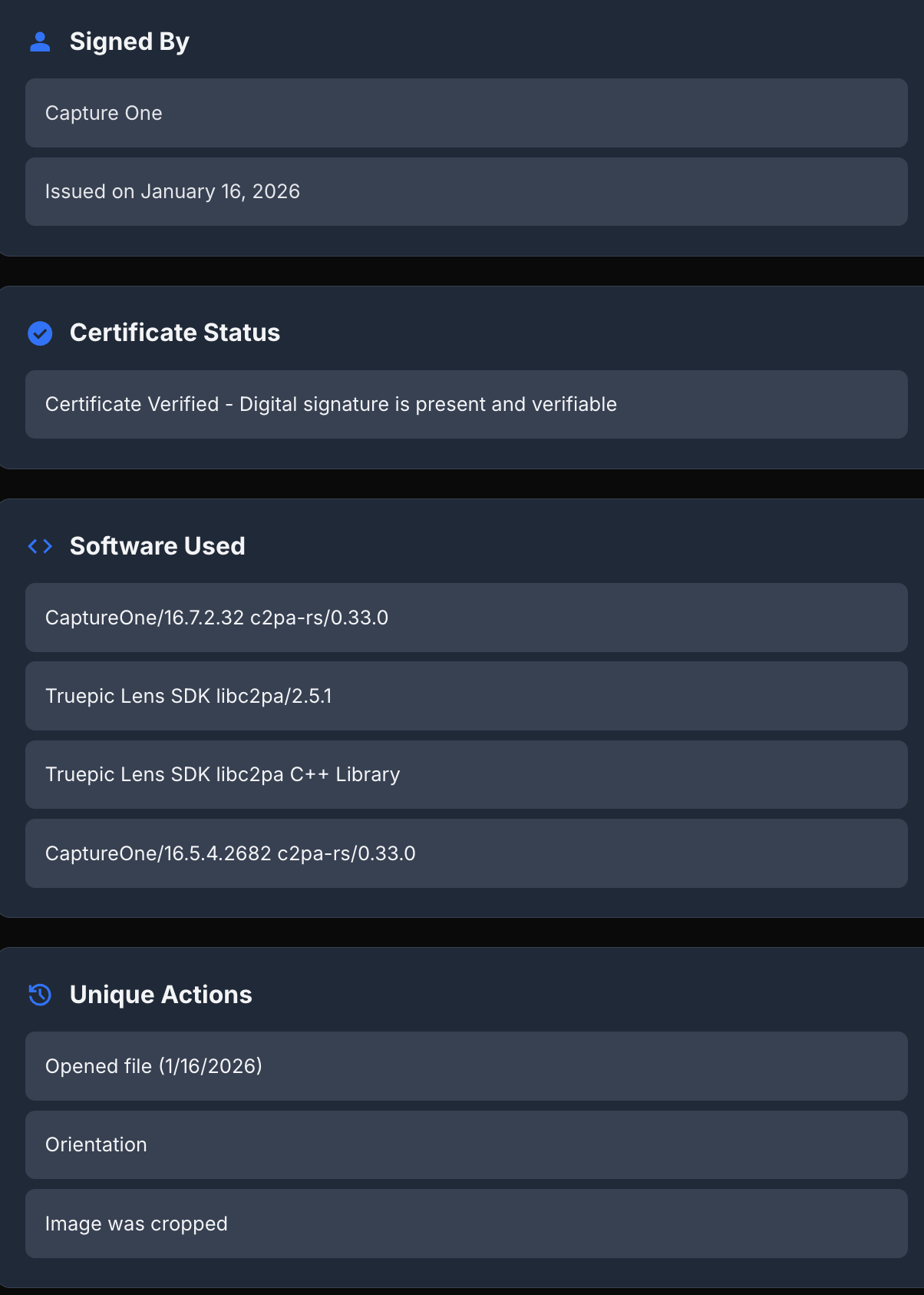 C2PA manifest showing capture and edit history